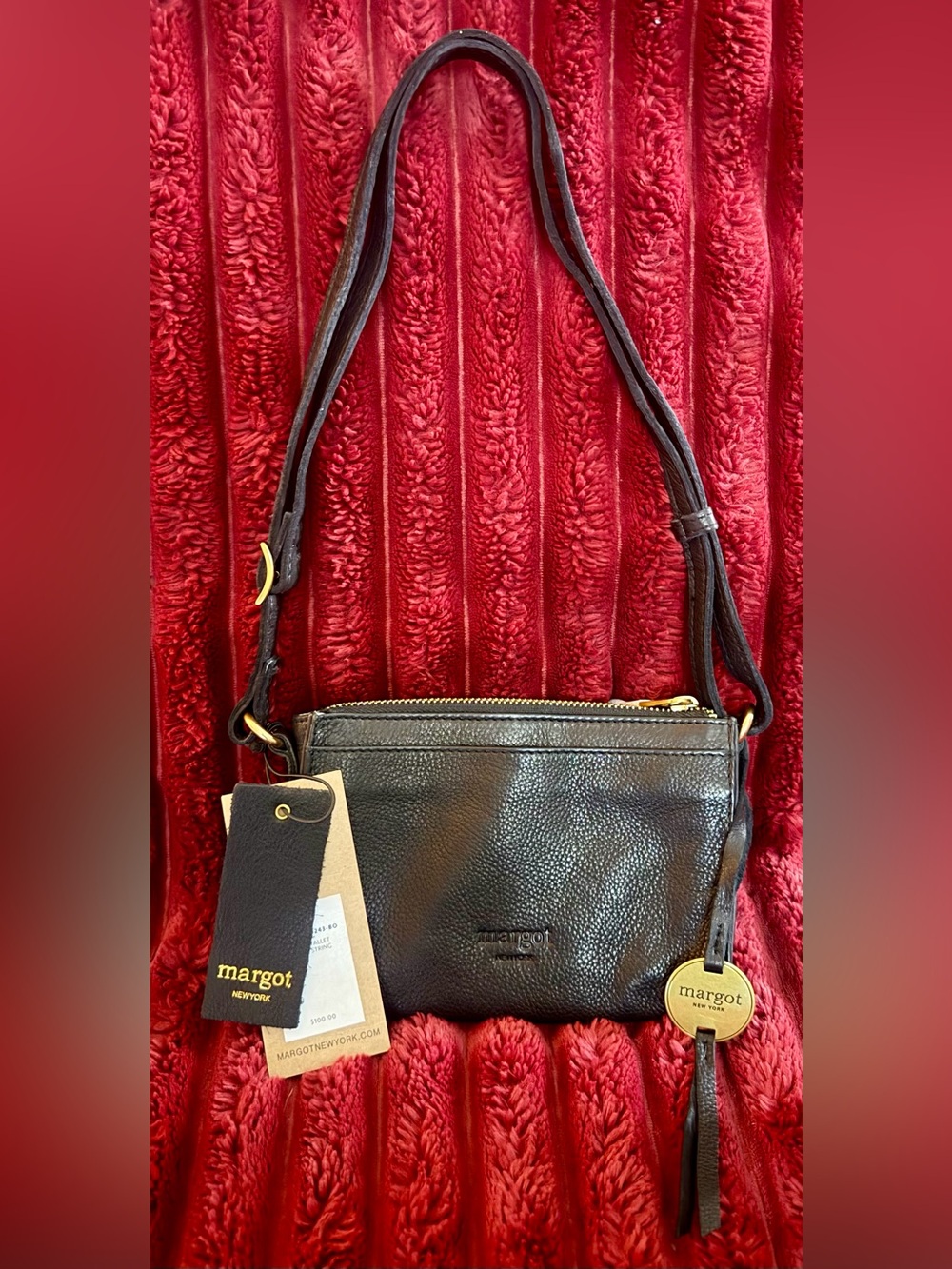 margot Black Pebbled Leather Crossbody Bag with Gold Hardware